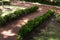 Brick sidewalk and walkway in a residential neighborhood, low shrubs and grass with filtered sunlight