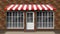 Brick small 3d store front facade Template with awning. Exterior empty shop or boutique with big window. Blank mockup of