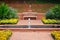 Brick Walkway and Garden Water Fountain Bench