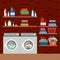 Brick wall background of clothes with wash machines and elements of home laundry