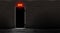 Brick wall and door with neon exit lamp, dark background. Realistic light silhouette slit doorway. Abstract room with text