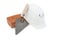 Bricklayer tools. Mason tools - Trowel, bricks and helmet on white background