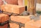Bricklayer worker installing red blocks and caulking brick masonry joints exterior brick house wall with trowel putty knife