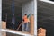 A bricklayer works at a construction site.