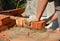 Bricklayers hands in masonry gloves bricklaying new house wall. Bricklaying house wall