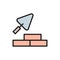 Bricks with building trowel, brickwork flat color line icon.