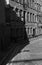 BrickWwall Warehouses and street paved with setts in Londonâ€™s East End