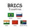 BRICS and membership flag . Association of 5 countries . Modern simple cartoon outline design and doodle world map background