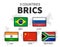 BRICS and membership flag . Association of 5 countries . Round angle rectangle shiny button and country map background of member