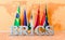 BRICS summit meeting concept, flags of all members BRICS in room. 3D rendering
