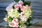 Bridal Bouquet On Mirror Tile In Rustic Setting