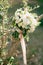 Bridal bouquet of white roses, calla lilies, honeysuckle flowers, stachys and white ribbons on the olive tree