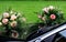 Bridal bouquets mirroring in glossy black car