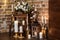 Bridal morning: burning candles on candlesticks and lantern
