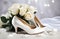 bridal shoes and bouquet. Generative AI