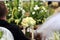 Bridal wedding bouquet lying on the hassock