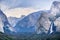 Bridalveil Falls and Yosemite Valley as seen from Tunnel View vista point on a rainy summer day, Yosemite National Park,