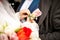 Bride adjusting boutonniere on grooms jacket