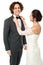 Bride adjusting her man\'s bow tie