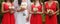 Bride and bridesmaids in pink dresses stand straight holding bouquets in their arms