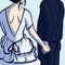 Bride and broom wearing a wedding dress and a suit. Backside view of a couple celebrating their love. Romantic picture of a ceremo