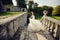 Bride between the columnes of the castle