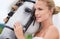 Bride, countryside and horse with face, portrait and smile for nature, connection and celebration. Woman, animal and uk