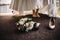 Bride detail soft bouquet and beige shoes. Concept of stylish wedding