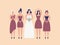 Bride in elegant white gown and bridesmaids isolated on light background. Group of cute girls celebrating wedding day or
