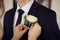 The bride fastens the boutonniere to the groom. Fees the bridegroom. Wedding preparations