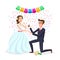 Bride and groom as love wedding couple illustration. Cartoon husband and romantic wife ceremony, female with flowers. Marriage cer
