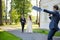 Bride and groom being greeted by their guests