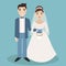 Bride and groom characters isolated on blue background