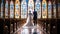 Bride and groom in church, stain glass. Generative AI