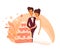 Bride and groom cut cake flat vector illustration