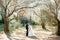 The bride and groom are embracing in an olive grove in a clearing flooded with light and are going to kiss