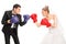 Bride and groom fighting each other