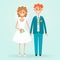 Bride and groom flat drawing, drawn cartoon character, vector illustration. Cute funny picture newlyweds, woman in white wedding