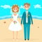 Bride and groom flat drawing, drawn cartoon character, vector illustration. Cute funny picture newlyweds, woman in white wedding