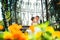 The bride and groom in the gazebo in the park