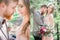 Bride and groom in grey jacket stand hugging in the wood