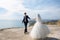 Bride and groom hold each other`s hand and dance on mountain with ocean view