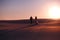 Bride and groom hold hands in the sand desert and walk along the dunes, sunset