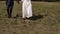 Bride and groom hold hands and walk across the field. Summer day wedding.