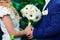 Bride and groom are holding a wedding stylish bouquet