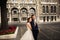 Bride and groom hugging in the old town street. Weding couple in love. Weeding in Budapest