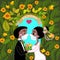 Bride and groom love in covid-19 hand drawn cartoon vector ,wearing face mask holding each other hands and flower bouquet in the