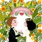 Bride and groom in love hand drawn cartoon vector, holding each other hands and flower bouquet in their wedding in organic botanic