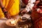 Bride and groom offering to holy fire, a typical wedding ritual during marriage