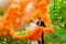 The bride and the groom with the orange colored smoke